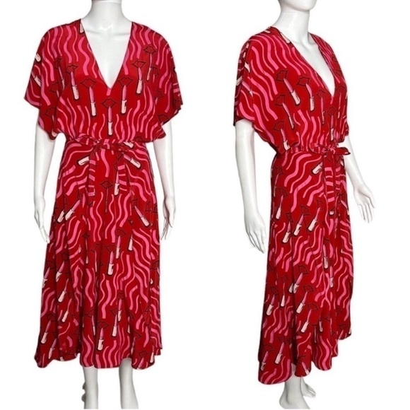 VALENTINO SILK Red Lips Lipstick Printed silk-crepe front wrap midi dress SIZE 4 - Picture 6 of 16